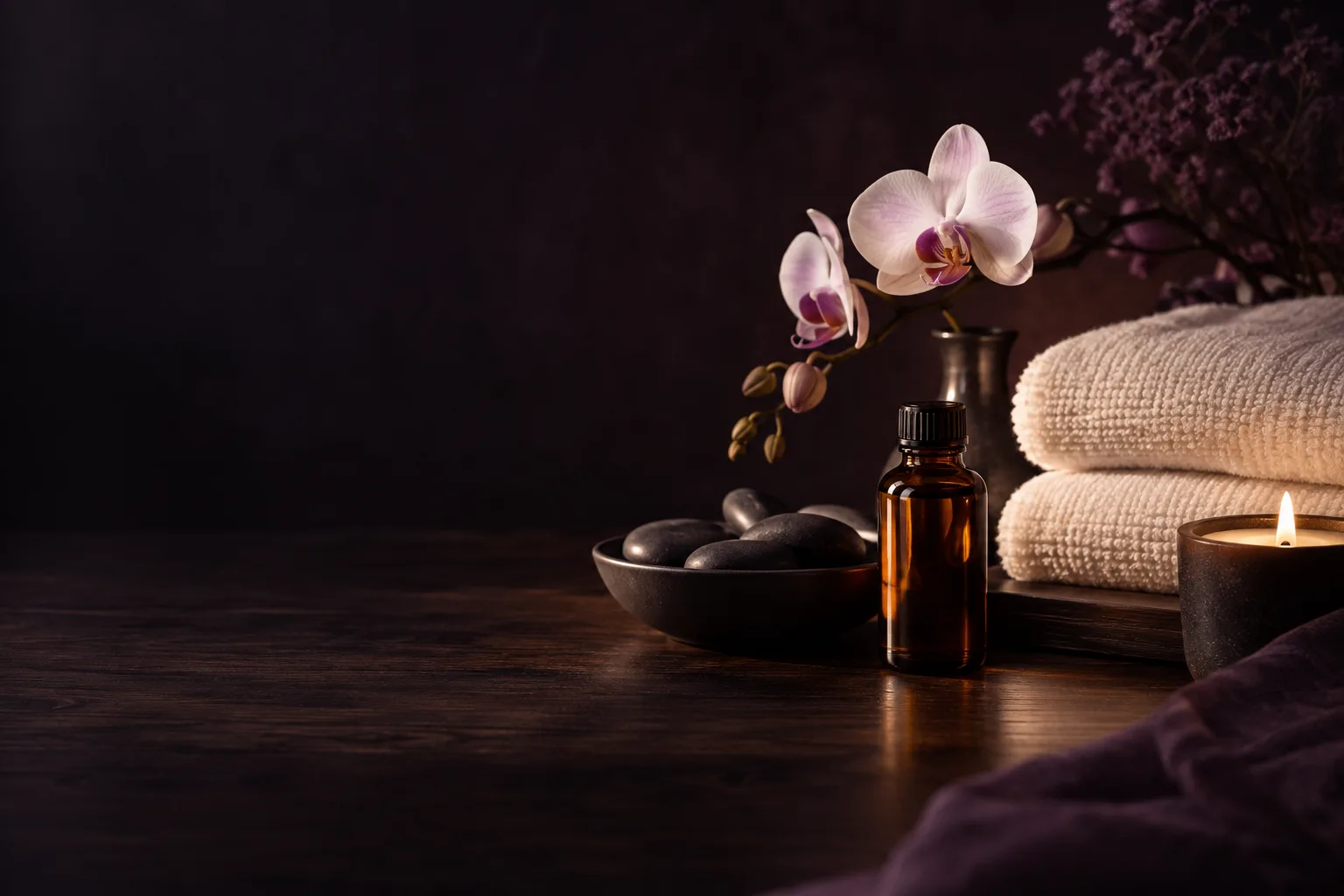 Spa oils, folded towels and orchids in soft light